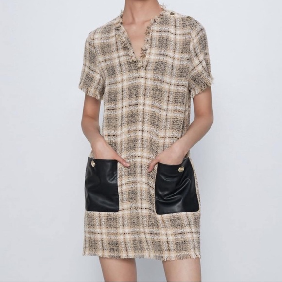 Zara Brown Plaid Dress S Preppy Academia Classic Boho Chic Fringe Pockets NEW - Picture 2 of 13
